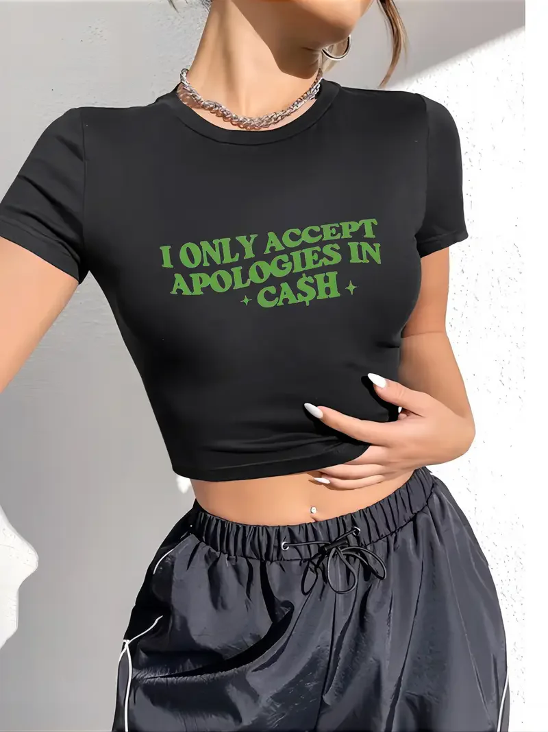 Camiseta recortada inspirada en los años 90 "Solo acepte sus apologías en efectivo" Camiseta corta divertida con cuello redondo de manga corta