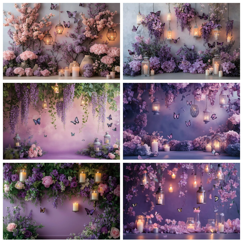 

Dreamy Purple Butterfly Photography Backdrop Wisteria Blooming Flowers Lanterns Candle Children Birthday Photo Shoots Background
