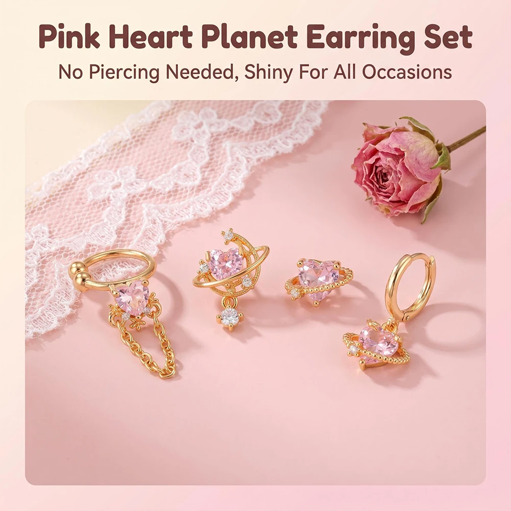 

4Pcs Pink Saturn Heart CZ Earring Set Gold Plated Ear Cuff Hoop Dangle Stud Y2K Celestial Jewelry Gift for Women Teen Girls