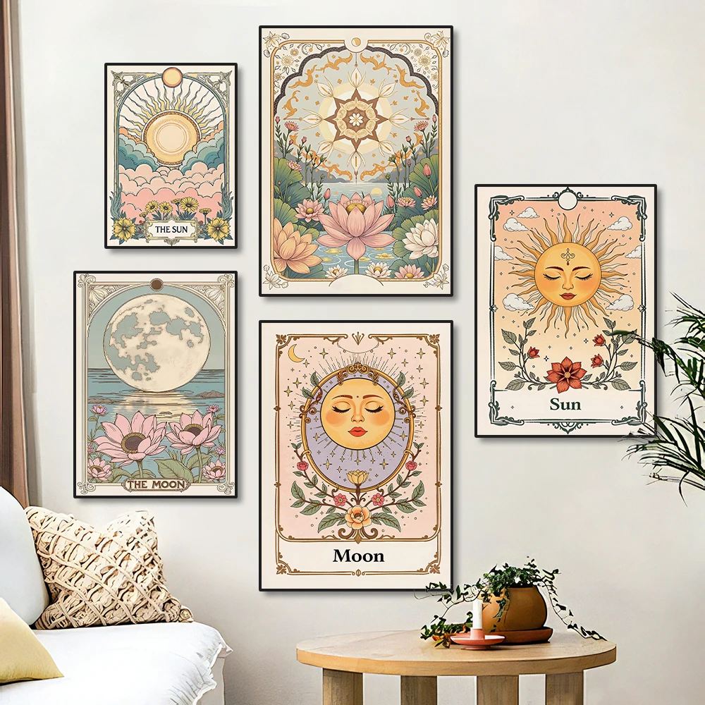 Sonne, Mond und Blumen-Leinwanddruck, böhmischer himmlischer Tarot-Himmel, Lotus, Wandkunst, Poster für modernes Wohnzimmer, spirituelles Zuhause, Dezember