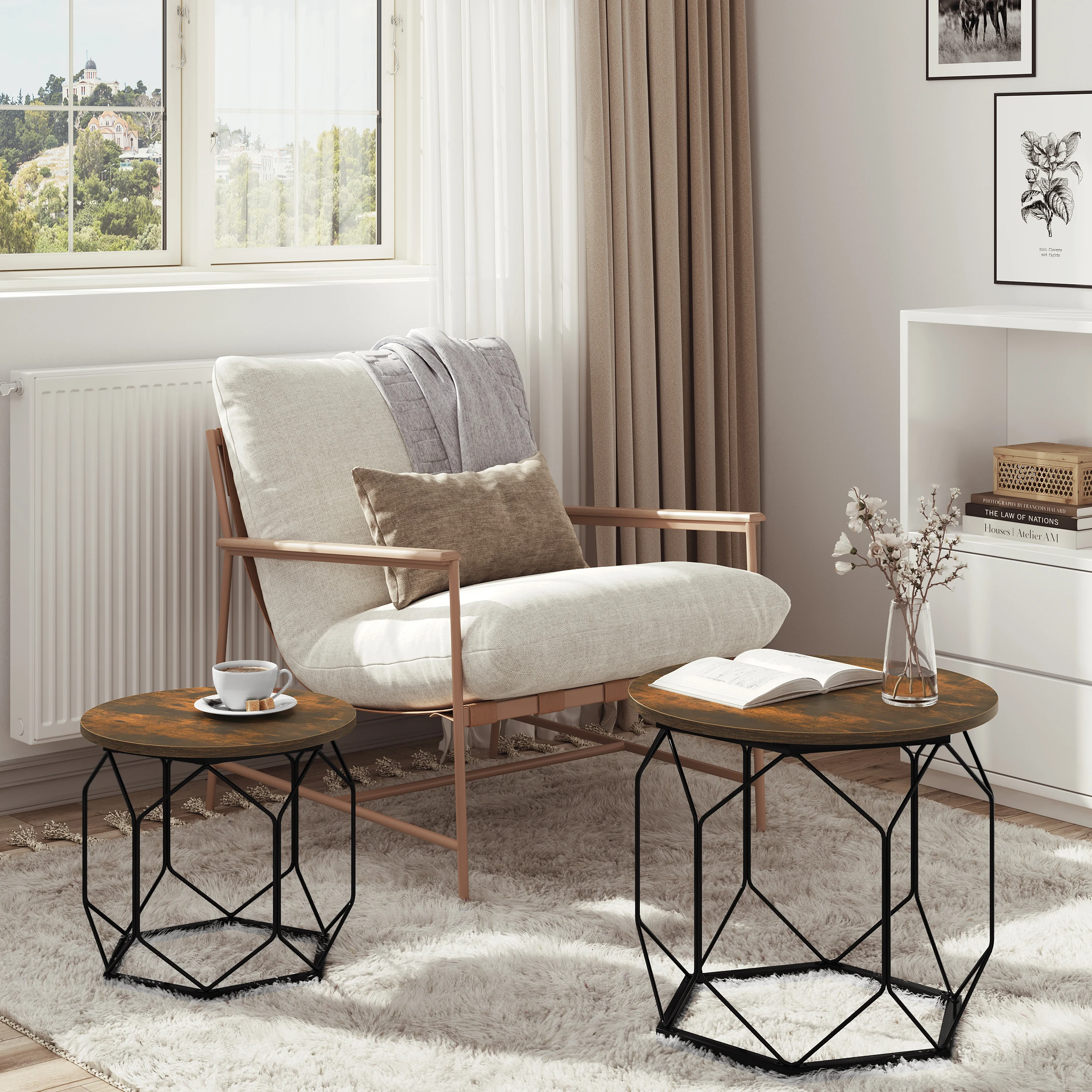 2 stks/set salontafel ronde bank bijzettafel met opbergruimte holle metalen frame nachtkastje voor woonkamer slaapkamer thuis