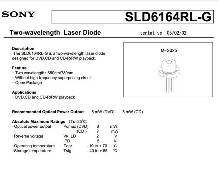 Лазерный диод SONY 5 мВт 780 нм, лазерный модуль с двойной длиной волны SLD6164RL