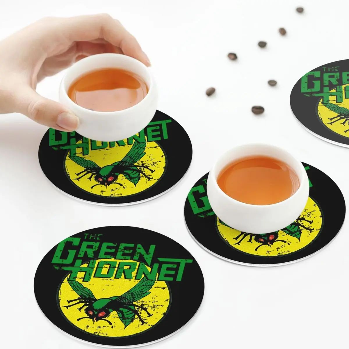 

The Green Hornet Coasters Leather Placemats Non-slip Insulation Coffee Mats For Home Kitchen Dining Pads Set of 4