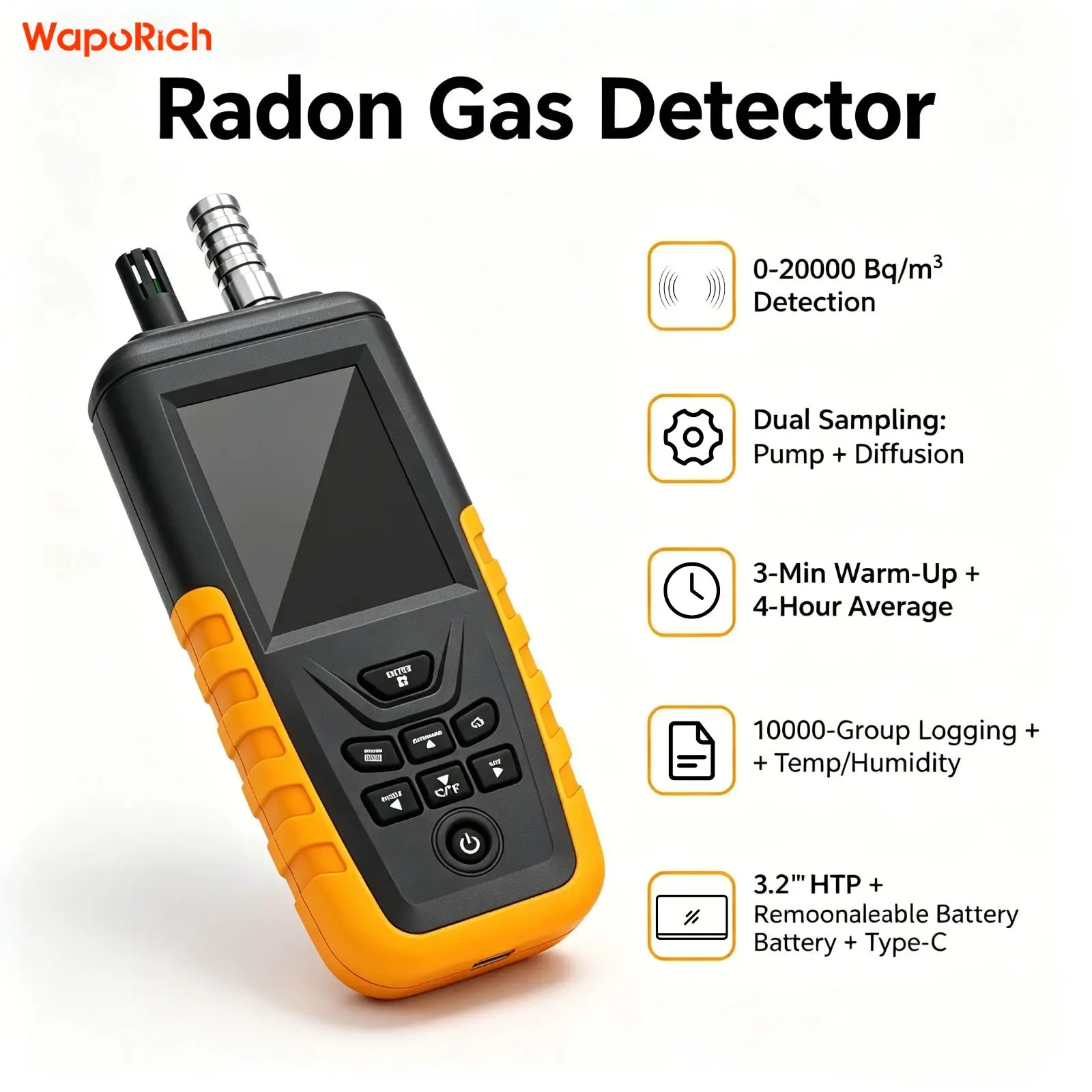 Radon Gas Detector 0‑20000 Becquerel Per Cubic Meter 10000 Groups Data Record Dual Sampling for Indoor Environment Test FCC