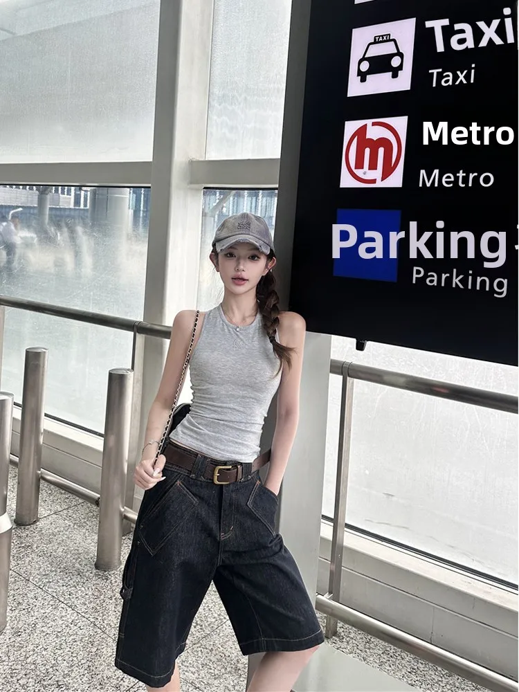 

Hot Girl Five-Point High Waist Loose Wide Leg Jeans Retro Design Summer New Style Casual Straight Cut No Stretch Knitted Denim