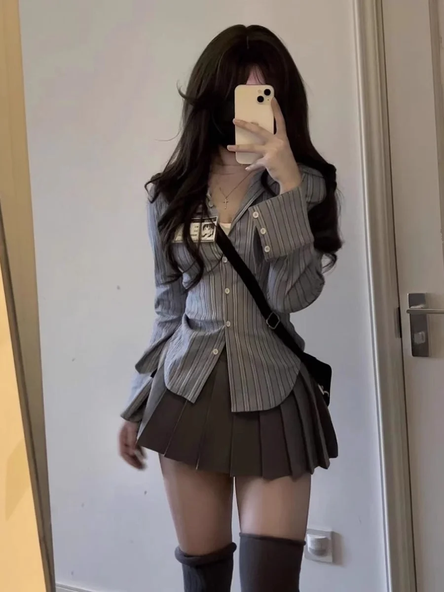 

plus Size Women's irt American School Sle Slim Fit Striped Long Sve Collar Button up Trendy Workwear Korean Sle