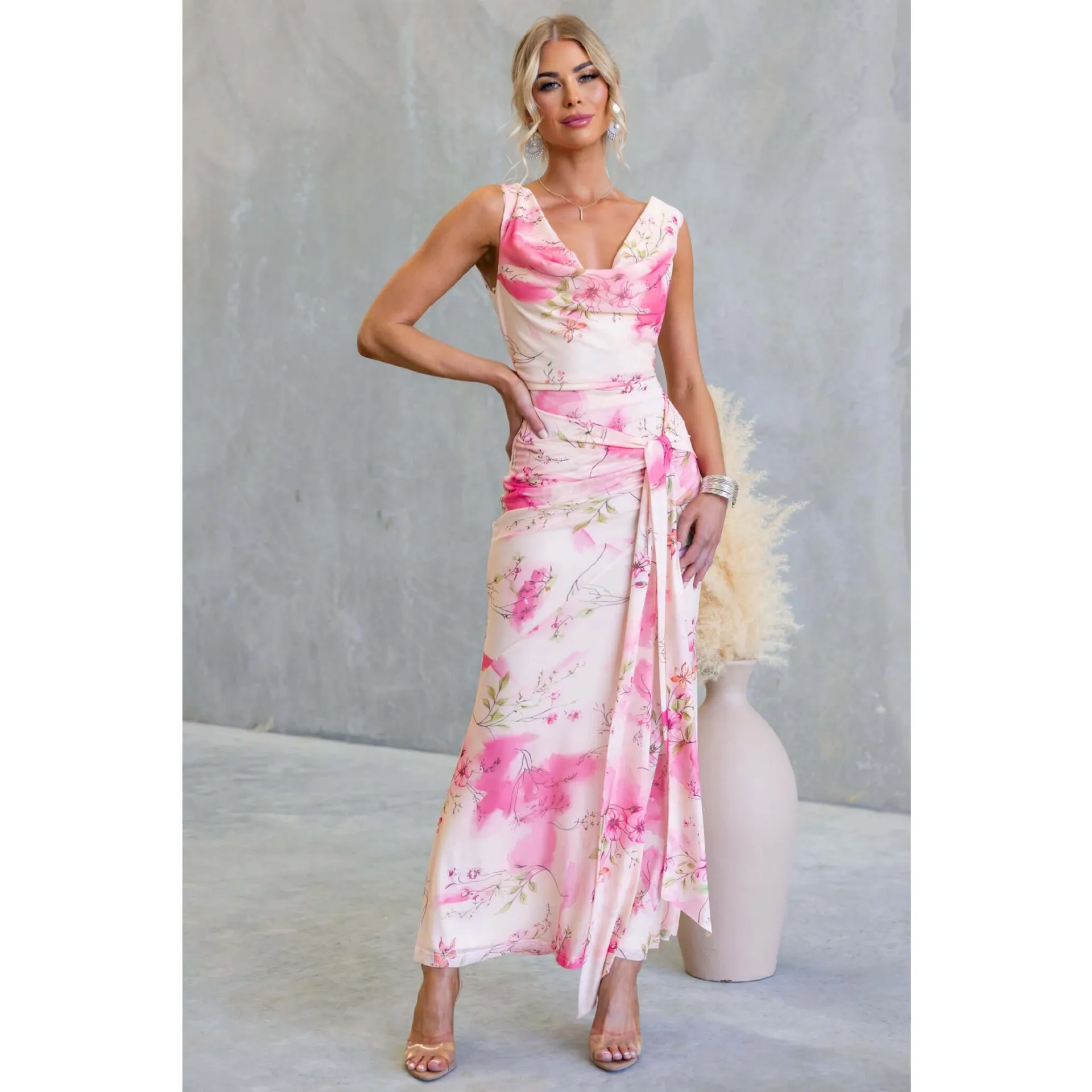 Robe mi-longue sexy dos nu à imprimé floral en maille ajustée avec liens, collection Printemps/Été 26, 96024, Robes de soirée formelles pour femmes