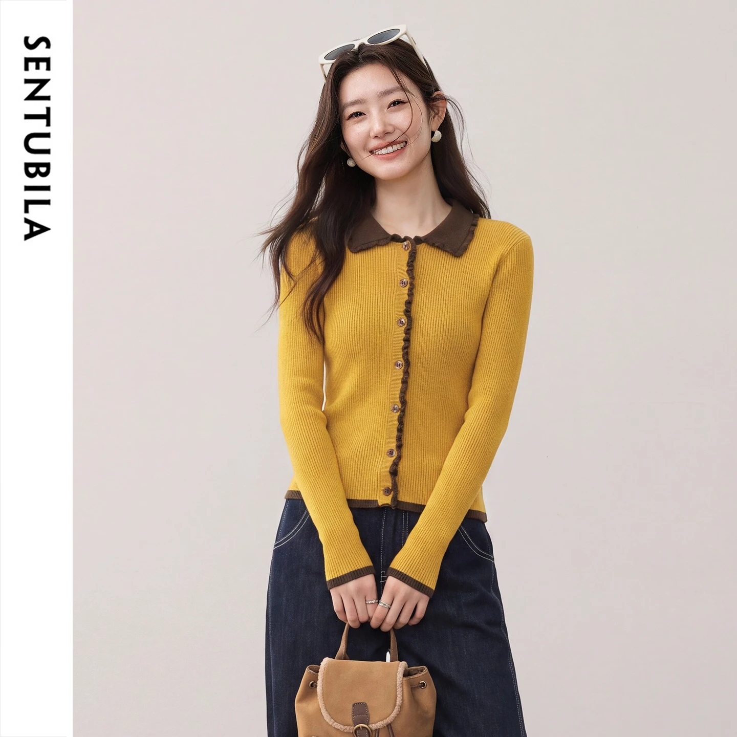 SENTUBILA Sentubila Women Wool‑Blend Ribbed Knit Cardigan Autumn Color‑Block Collared Retro Elegant Commuter Sweater W63HD8636