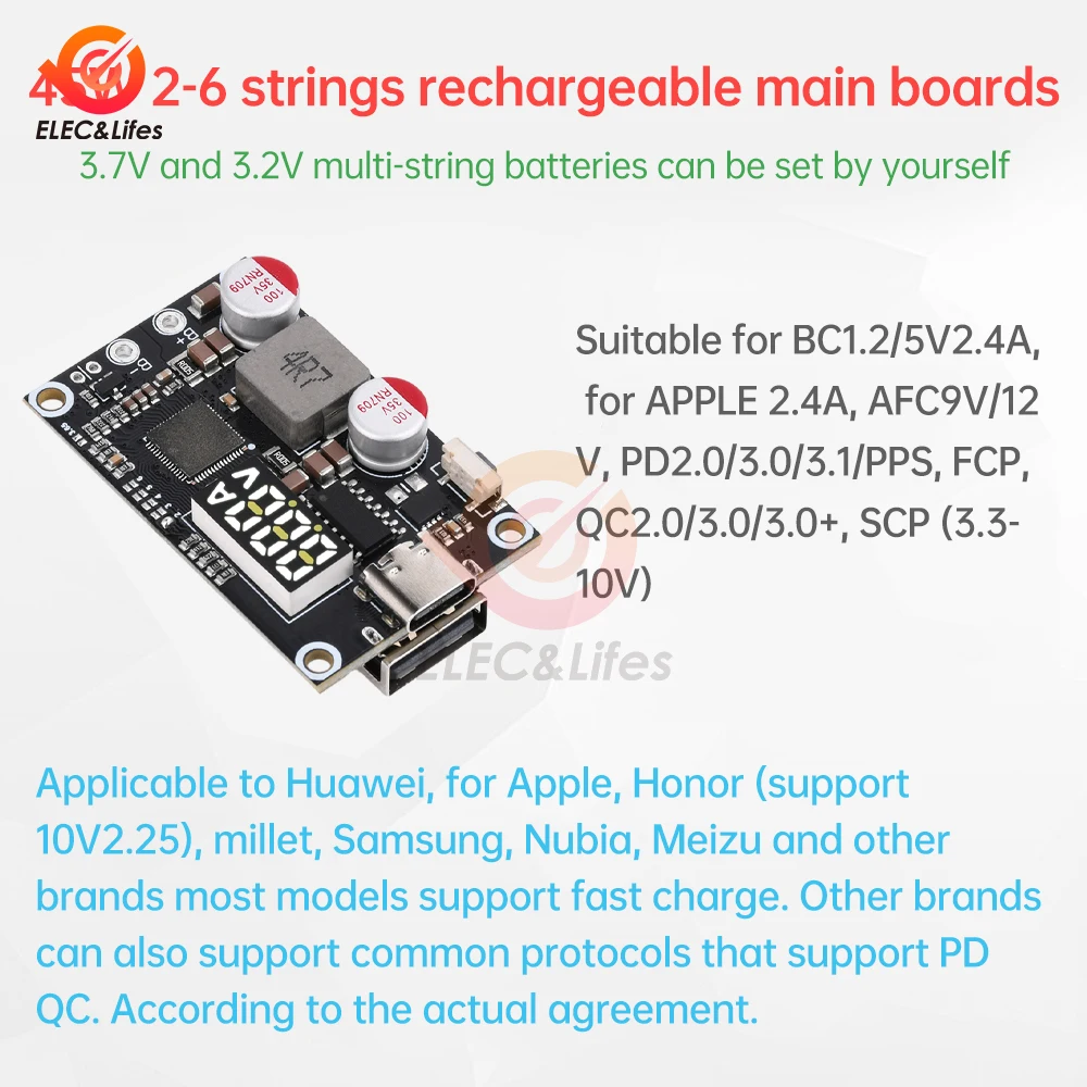 Pd/qc tipo-c usb 45w display led módulo adaptador de carregamento rápido 2-6s bms bateria de lítio módulo de carga rápida boost buck conversor
