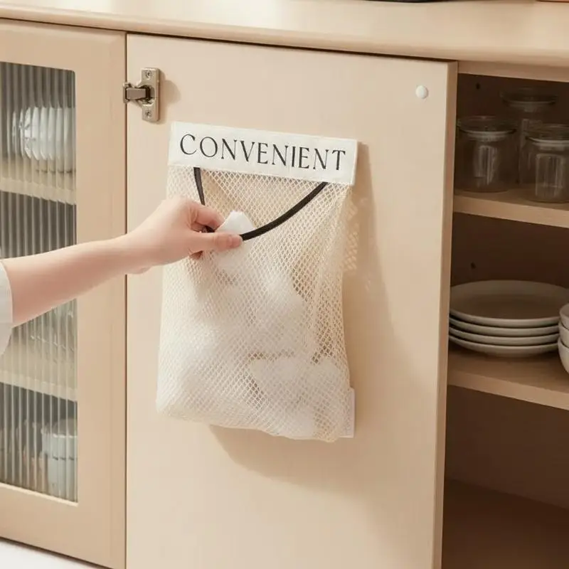 Wall Mounted Hanging Mesh Storage Bag Adjustable Strap Design for Kitchen Garbage Plastic Closet Small Item Organization
