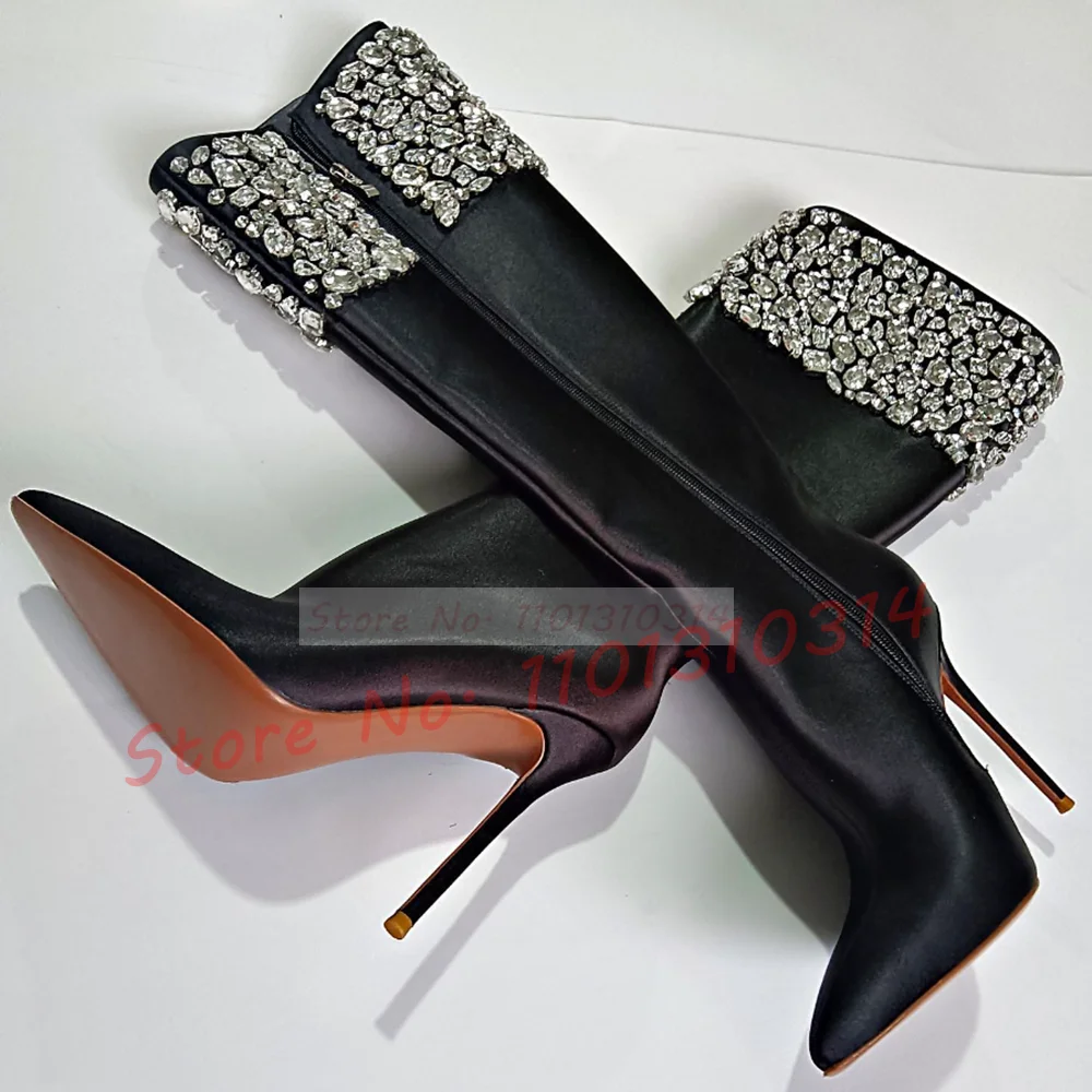 Crystal Inlay High Heels Leather Boots Women Black Pointy Sparkly Knee High Boots Ladies Luxury Trending Sexy Wide Fit Shoes