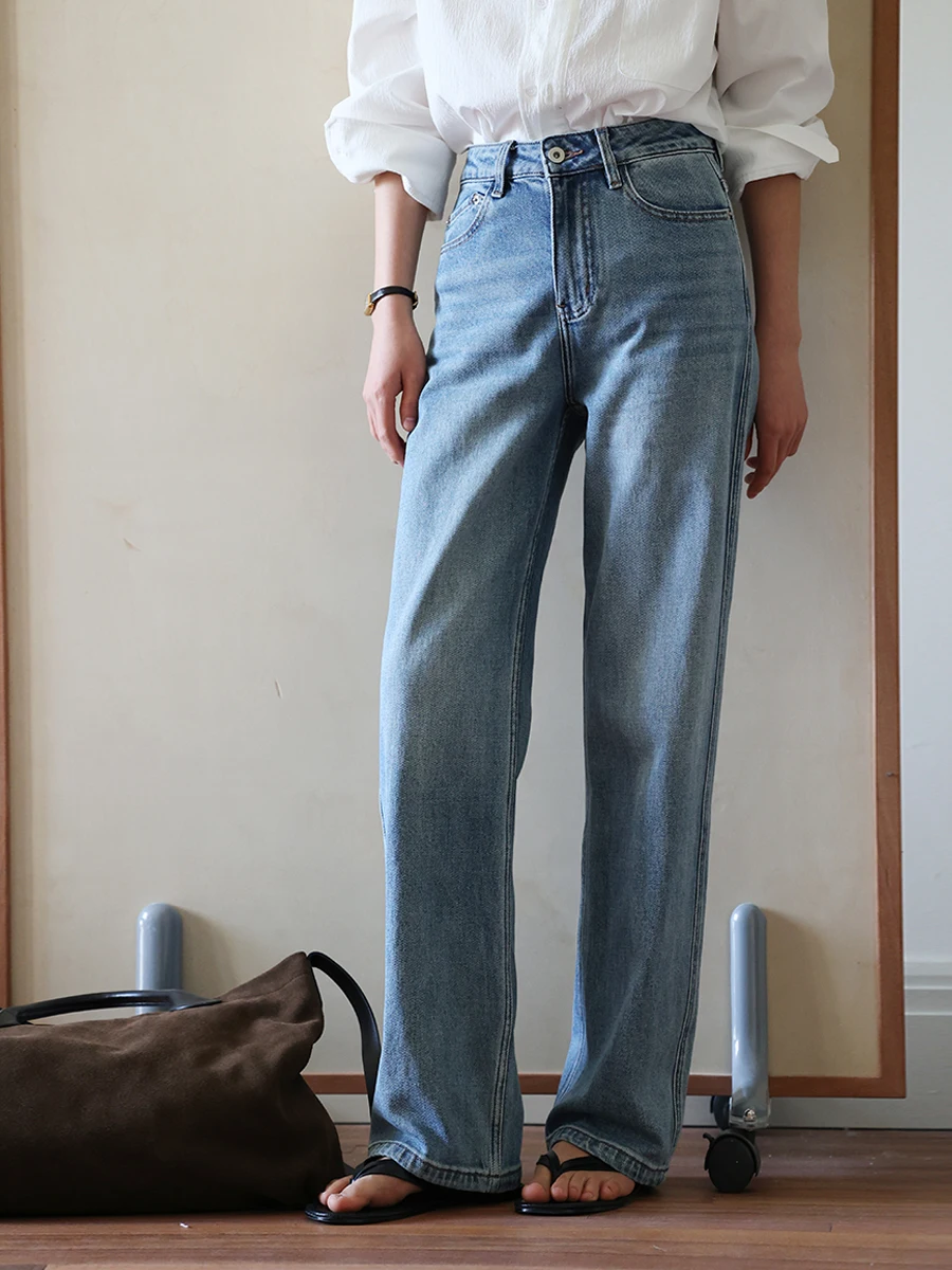 MUNNS Vintage Washed Straight Leg Jeans Women's Loose Slim Fit Long Trousers Casual Style Autumn New Arrival Natural Waist