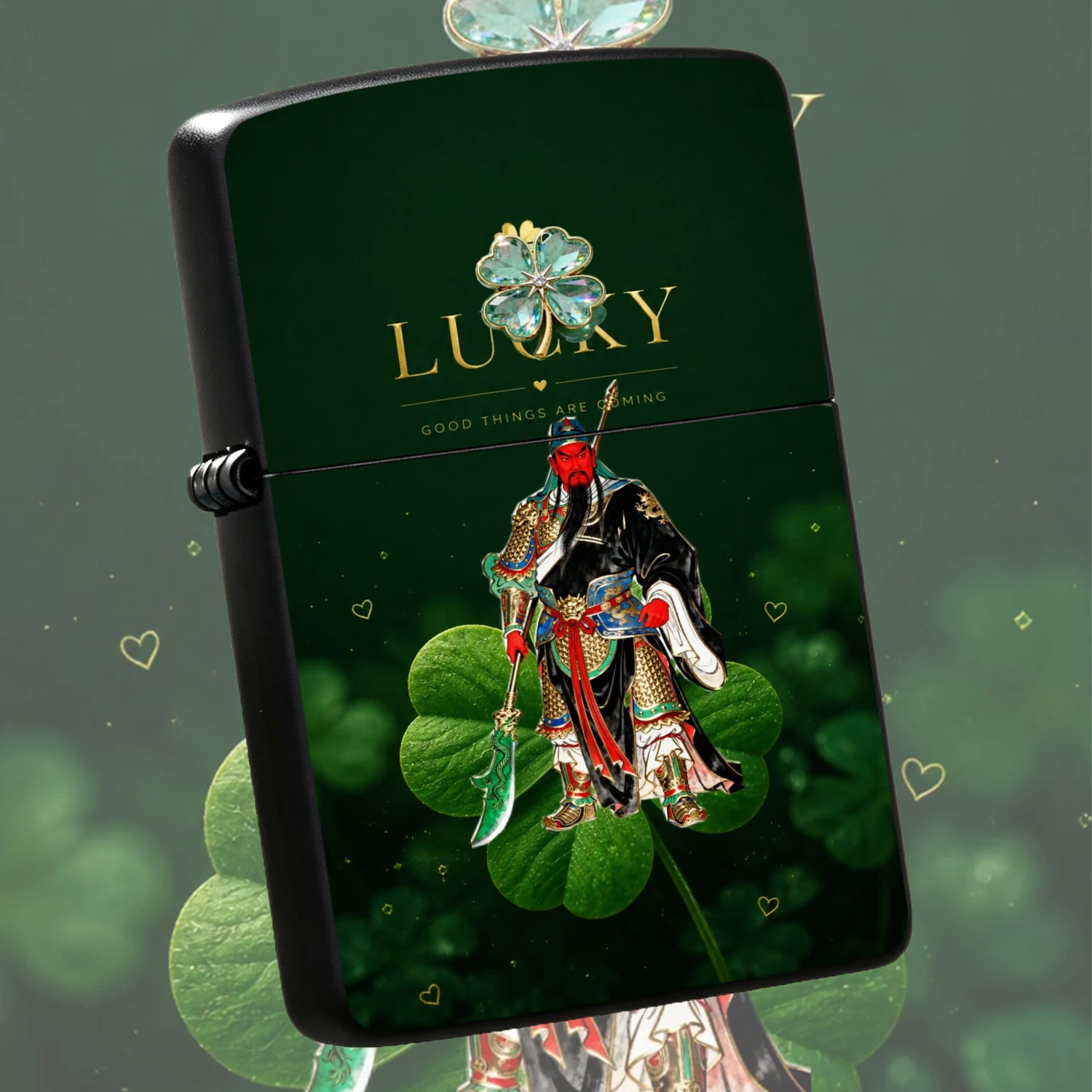 Eastern Style Style Guan Yu Lucky Four Leaf Clover Portable Lighter, Auspicious Ornate Desktop Decor, Practical Daily Carry Item, Thoughtful Gift For Family Friends, Multi-Scene Use Trendy Fine Piece A Humorous And Interesting Lighter