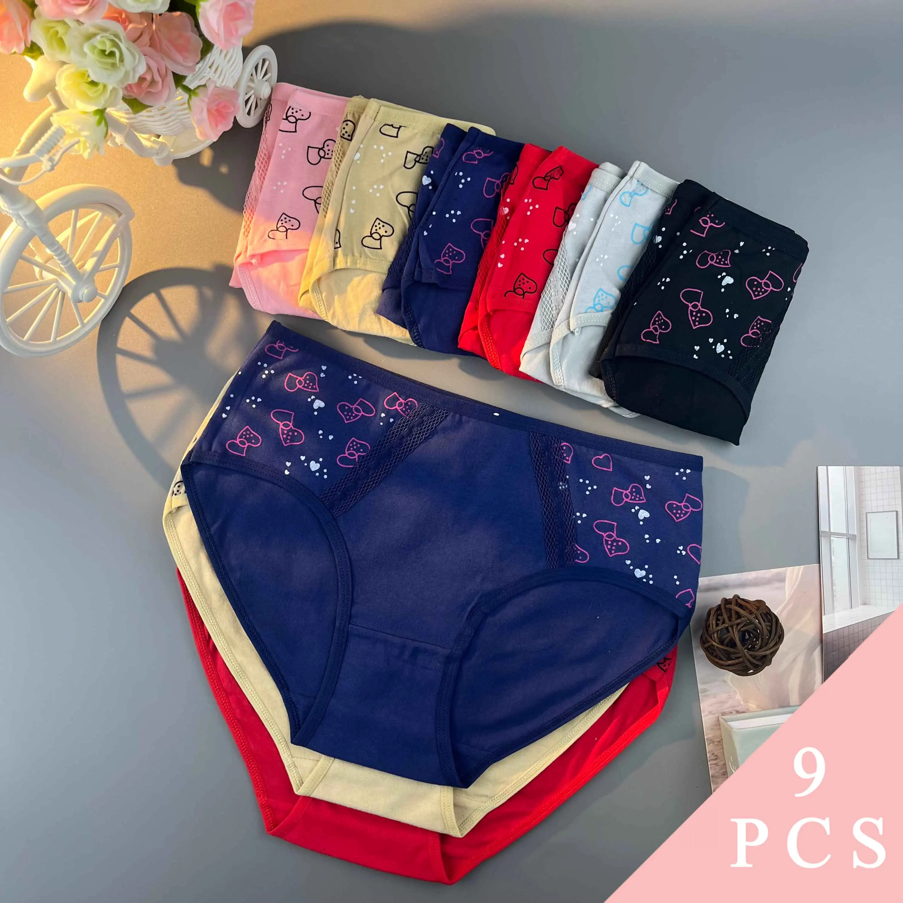 

9 шт. [женские трусики] Большие размеры, бесшовные женские трусы со средней талией и принтом Doubble Hearts из дышащей ткани