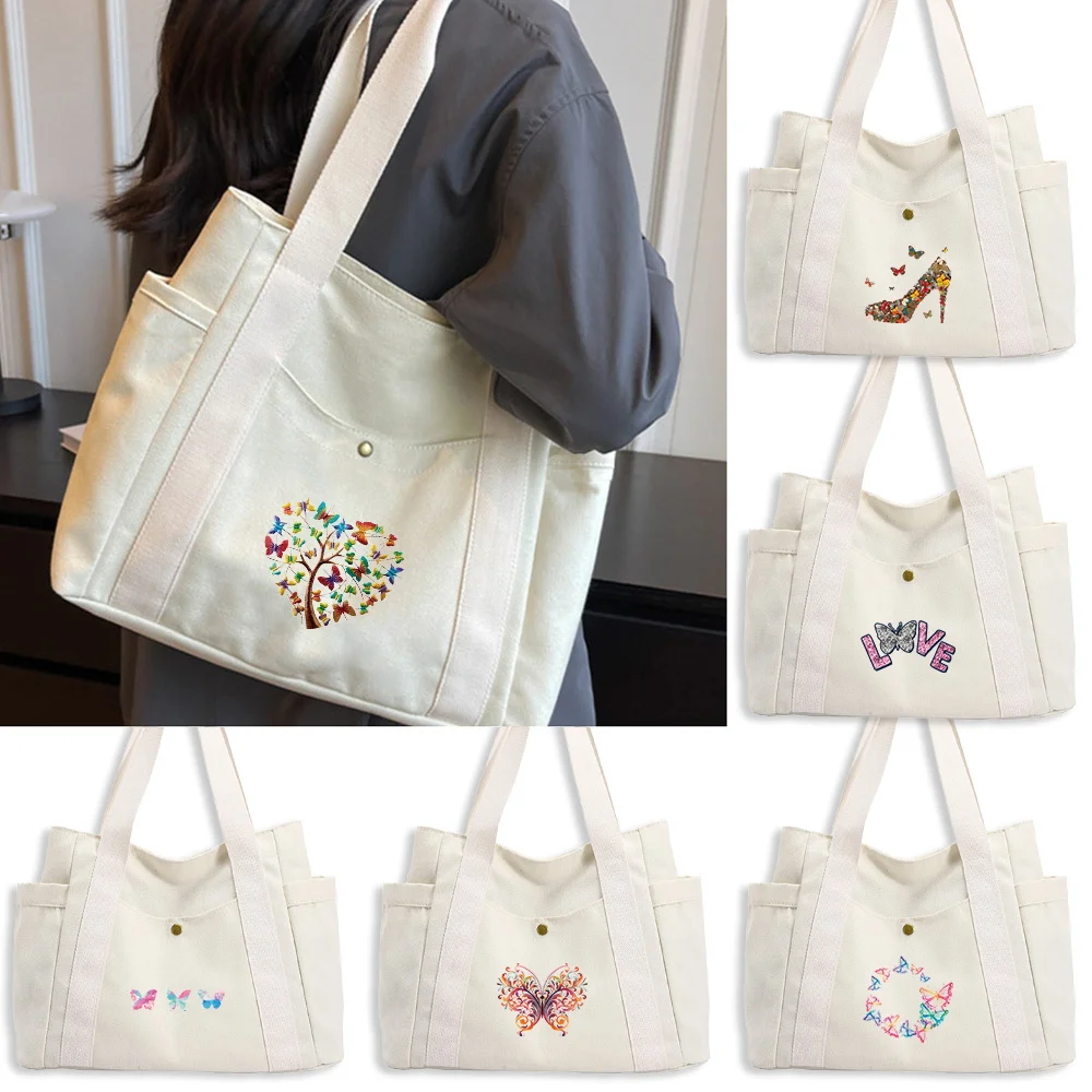 

Large Capacity Side Water Bottle Pocket Stylish Single Shoulder Canvas Bag Shopping Bags Butterfly Series Commuting Storage Pack