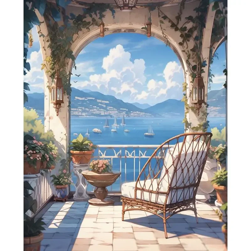DIY Round/Square Diamond Painting  Diy Painting By Numbers For Adults Seaside Courtyard Acrylic Paint By Number Wall Artwork H