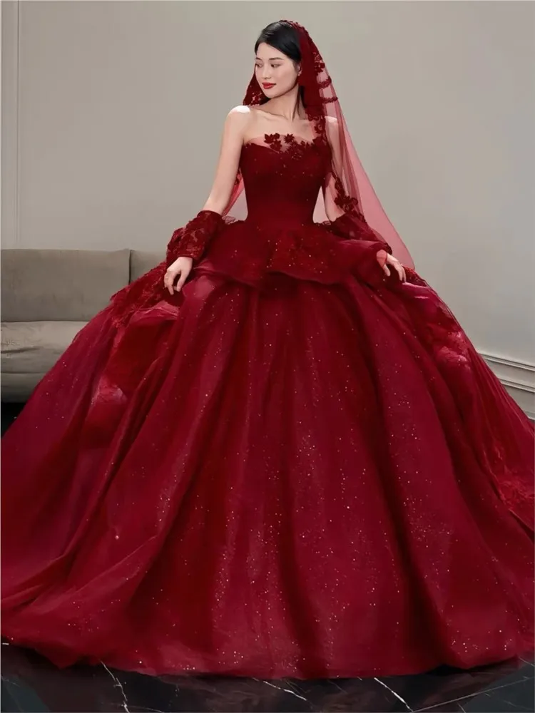 A new red strapless main fabric heavy industry light chiffon large-sized long tailline dress