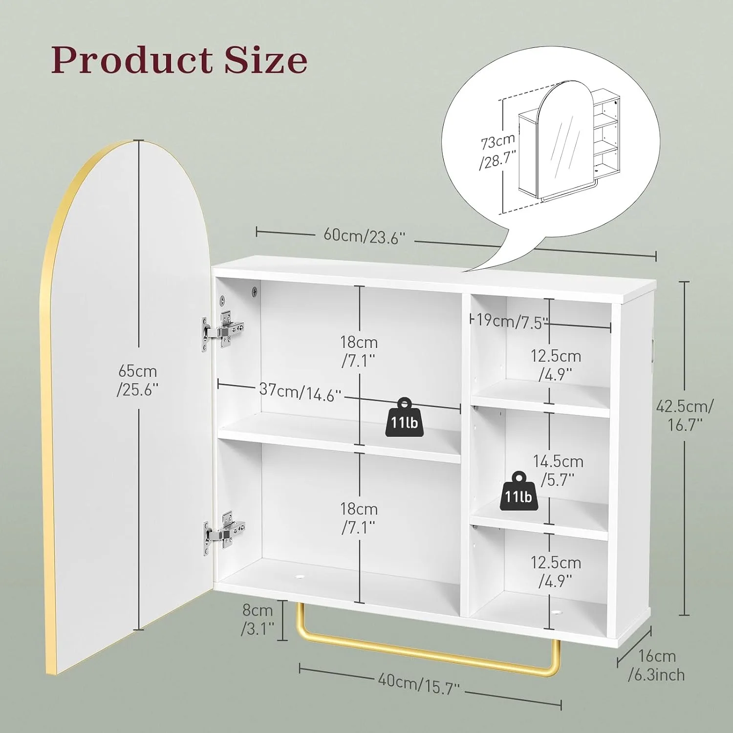 Bathroom Medicine Cabinet Mirror with Storage, 24 x 29 Inch Arched Bathroom Vanity with Mirrored Cabinets Wall, Customized