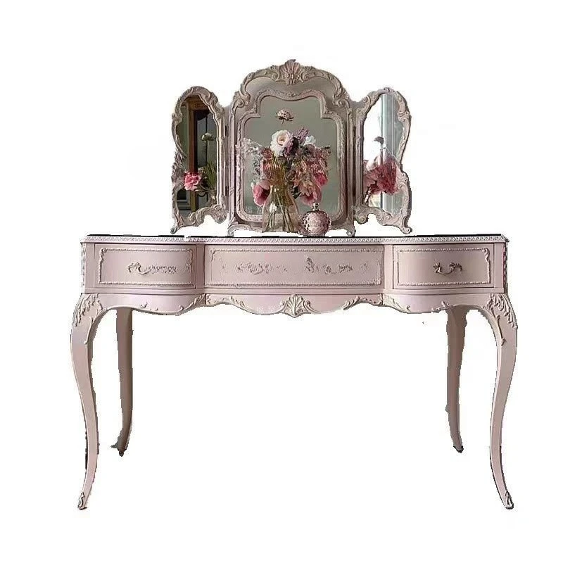 Solid wood retro powder dresser European studio engraving with mirror makeup table manicure table desk