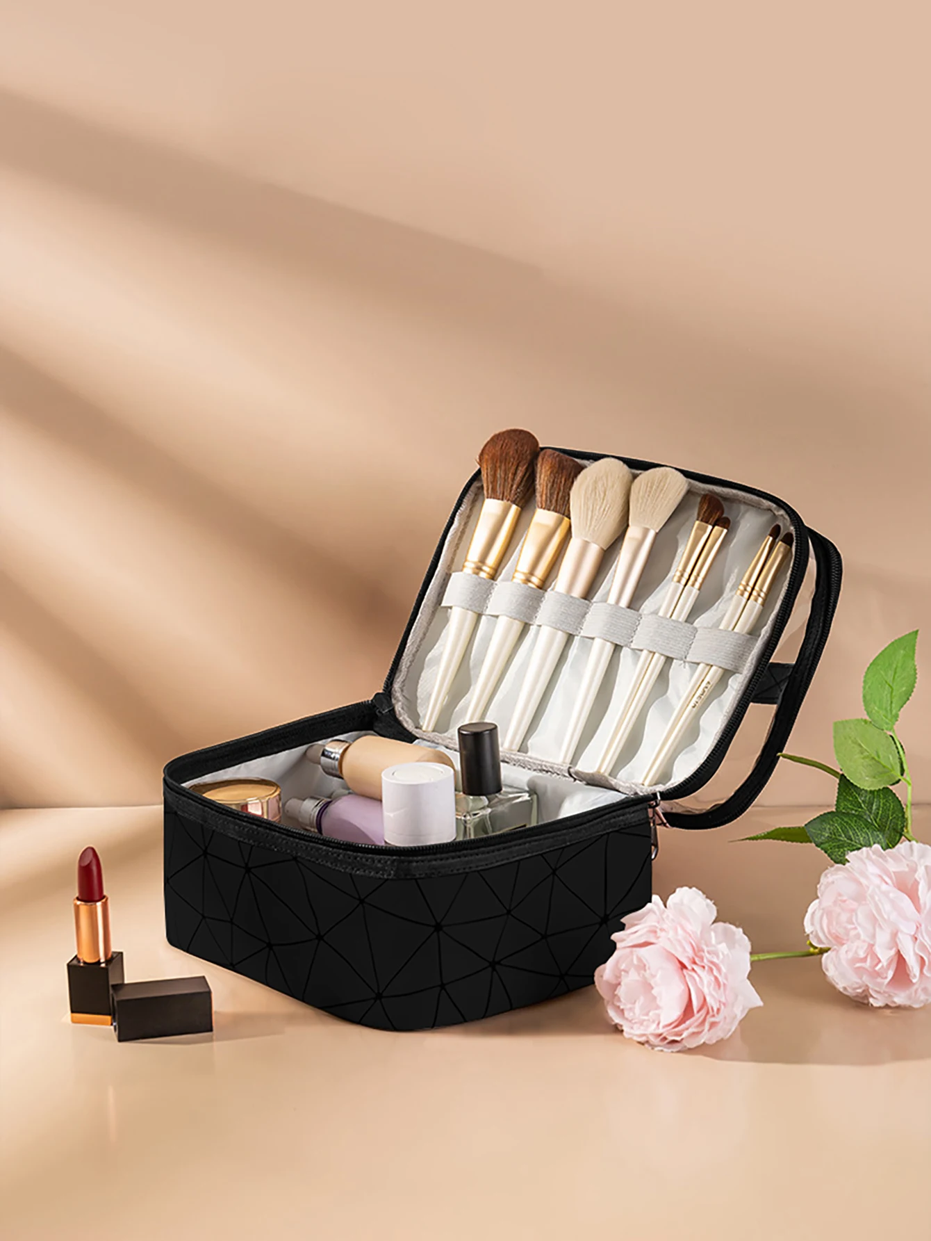 Functional Double-layer Clear Makeup Bag with Wide Opening and Sturdy Handles for Organization of Cosmetics and Toiletries