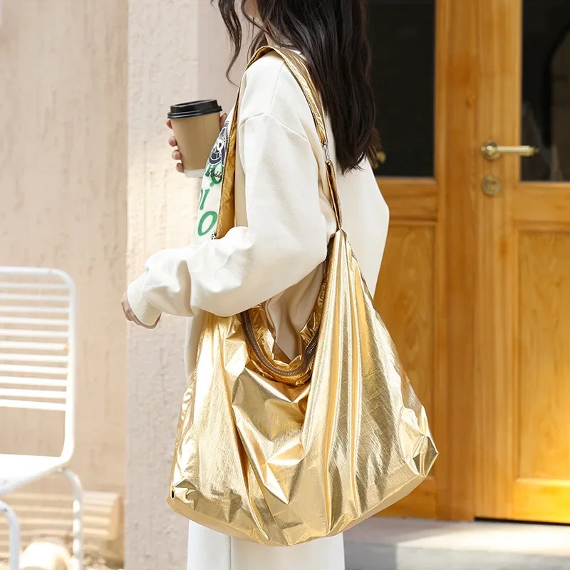 Female 80s Fashion Metallic Fabric Punk Big Capacity Slouchy Sliver Sling Hobo Bag Large Size Luxury Design Shopping Pouch Bag