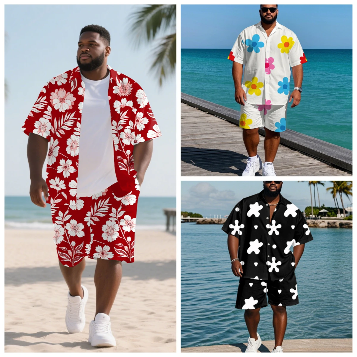 

S-9XL Big and Tall Men Playful Floral & Abstract Print Hawaiian Shirt Shorts Set Casual 2-Piece Outfit