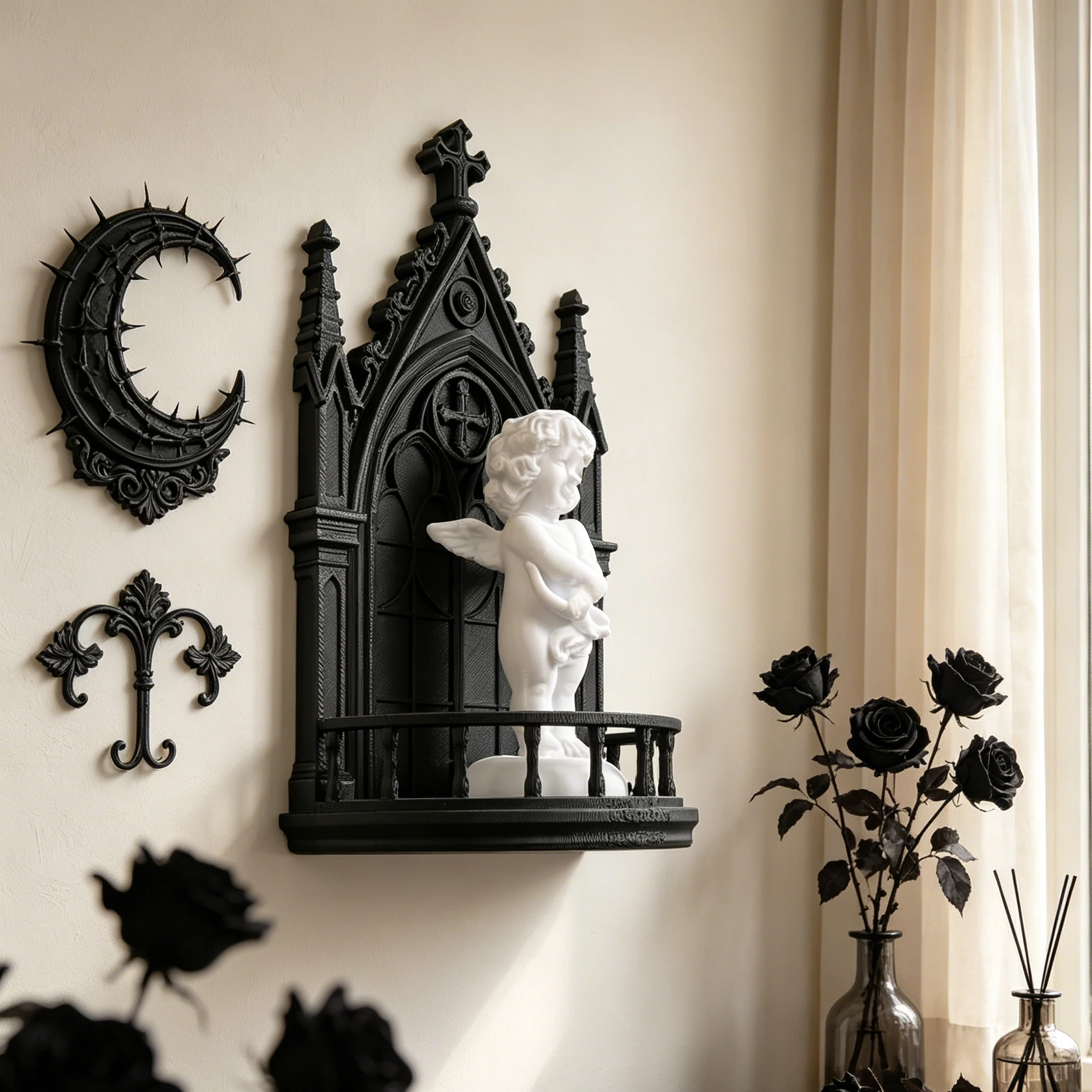 Étagère murale en forme de croix gothique transfrontalière, support mural noir mat pour bougies en cristal et mini-ornements
