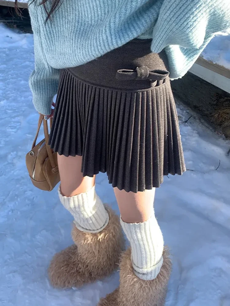Sweet Bow Mini Skirt Women Autumn Winter Preppy All Match Cute Pleated A Line Skirts Student Kawaii Casual High Waist Skirt New