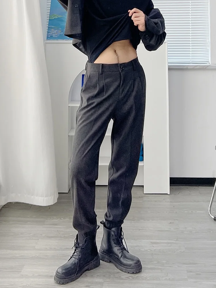 

Autumn Winter Thiened Woolen Men's Harlan Nine Points Pants Cuffed Trousers for Boots Trendy Youth Casual Faion