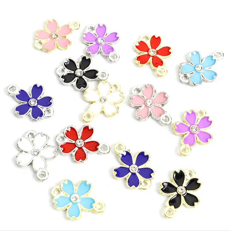 10pcs Colorful Sakura Flower Enamel Alloy Charm Connector 13.9*18.4mm DIY Girl Woman Jewelry Making Bracelet Accessory Wholesale