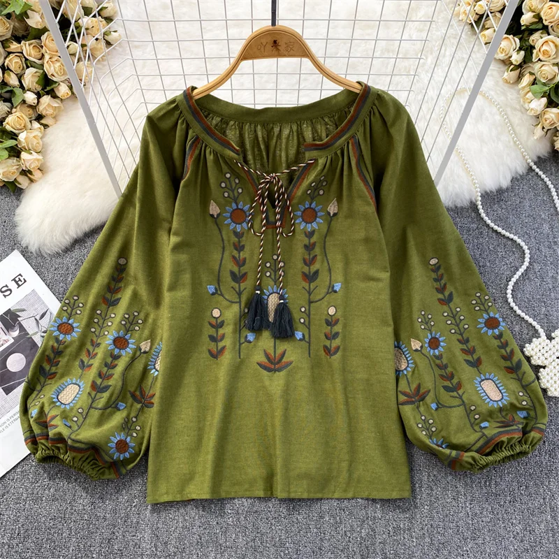 

Ethnic Style Vintage Flower Embroidery Women Short Cotton Linen Tops Spring Summer New Casual Round Neck Long Sleeve Female Tops