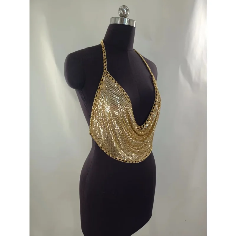 Damen-Top aus goldenem Metallnetz mit Ketten-Halterneck, drapiertem U-Ausschnitt, rückenfreiem Crop-Top und verstellbarem Ketten-Body-Harness für Party, Rave und Festival – Detail 3