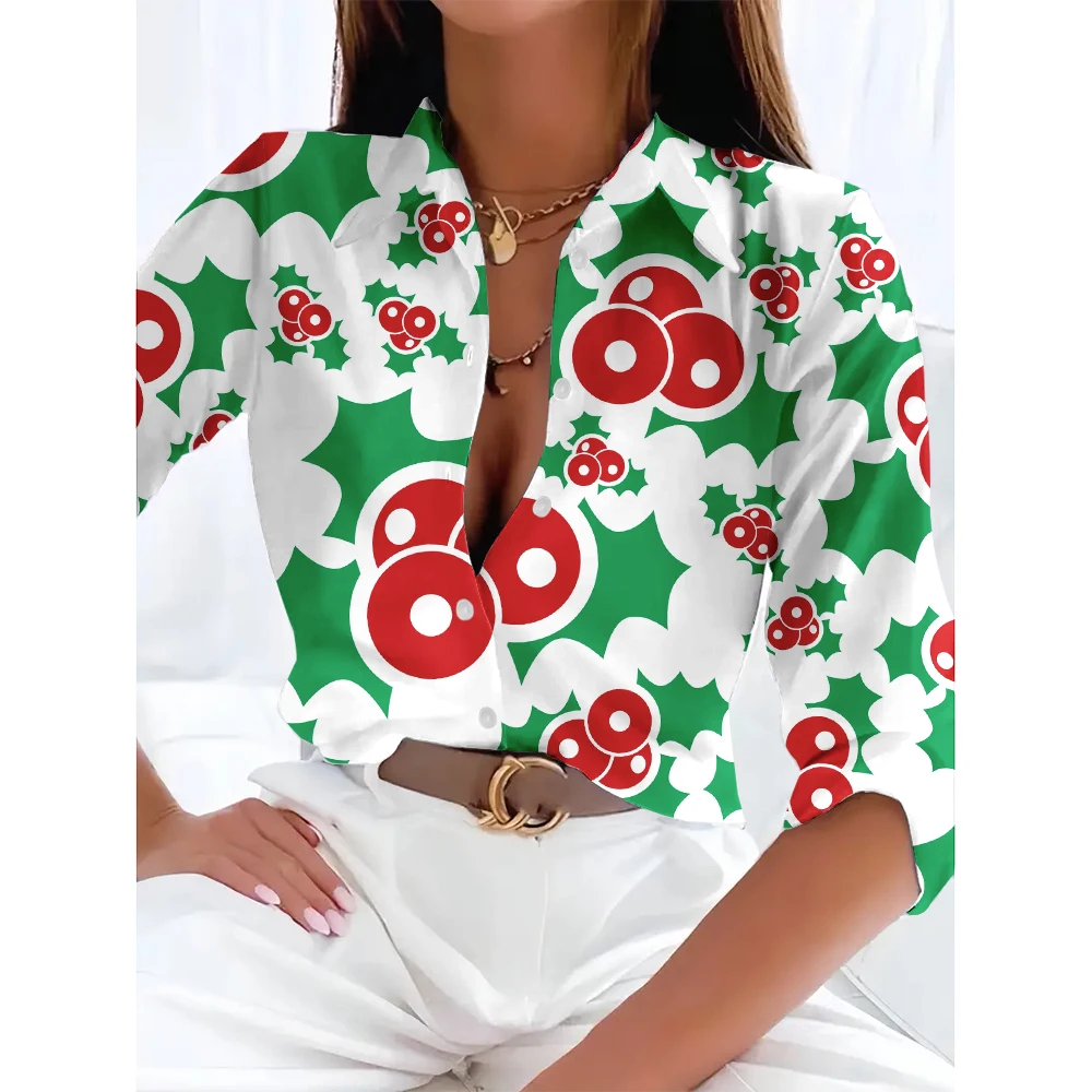 2024 Santa Claus 3d Printed Long Sleeve Shirt & Blouse Fashion Button Basic Tops Elegant Lapel Shirts Autumn & Winter Christmas