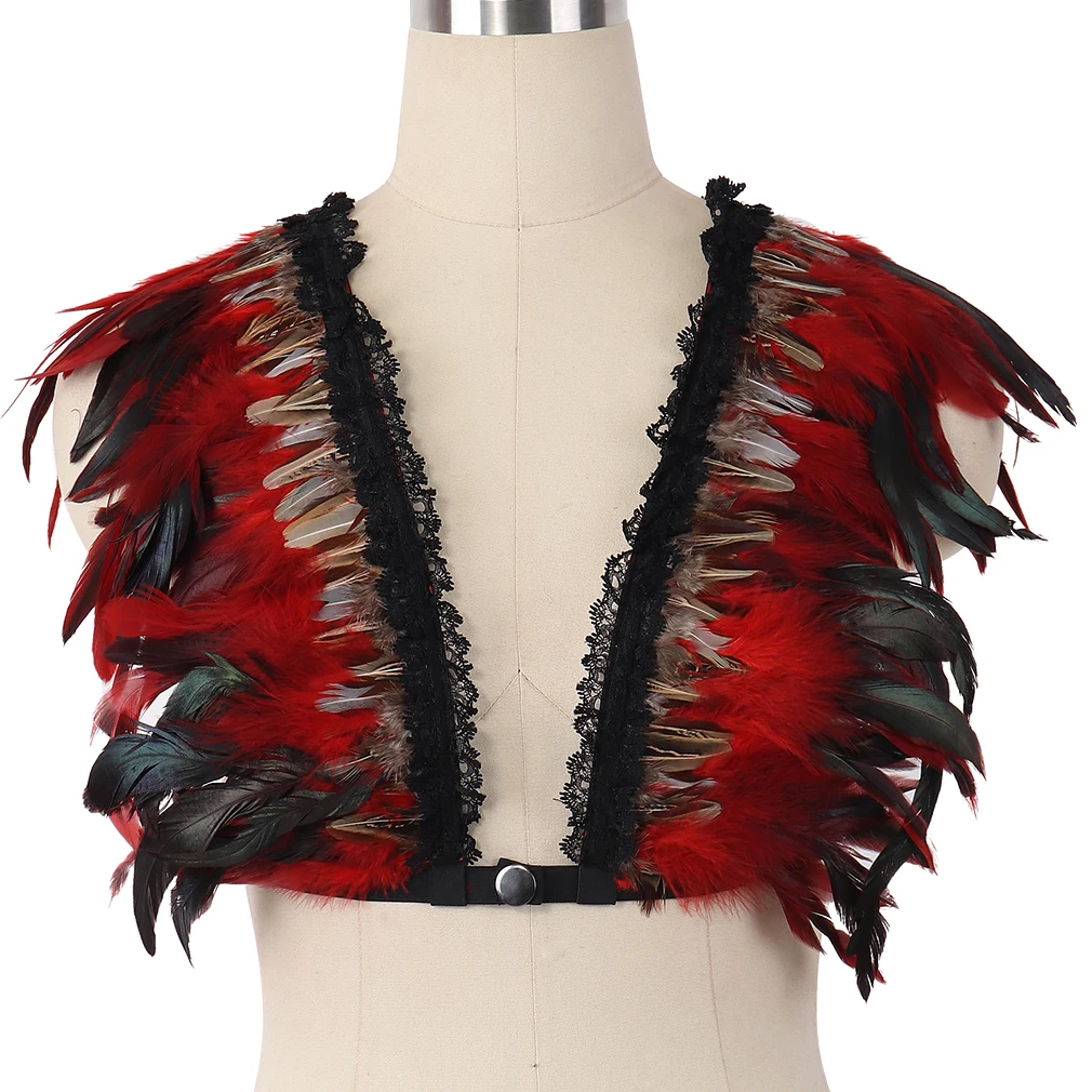 Red Natural Feather Shrug Shawl Shoulder Cape Gothic Collar Plus Size Ties Cosplay Costume Party Body Cage Harness Bra Belt