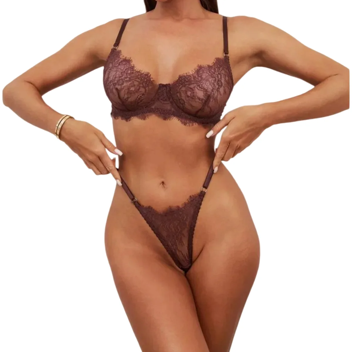 Image of Sexy Wimpern-Spitzen-Dessous, 2-teiliges Set für Damen, Bügel-BH, Tanga, transparente Spitze, intimes Outfit, romantische Nachtwäsche für Frauen