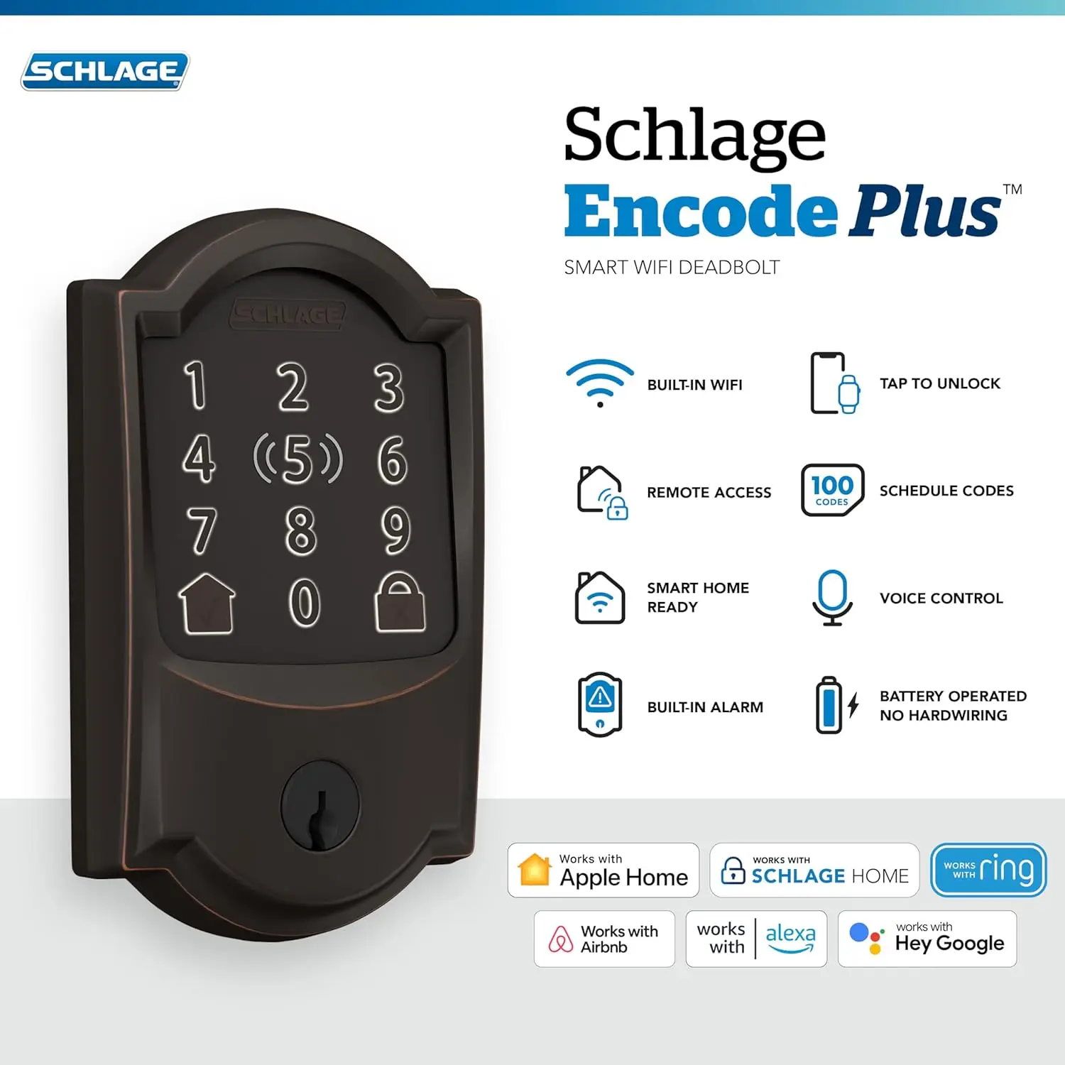 

WiFi Deadbolt Smart Lock, Keyless Entry Touchscreen Door Lock with Camelot Trim, Aged Bronze