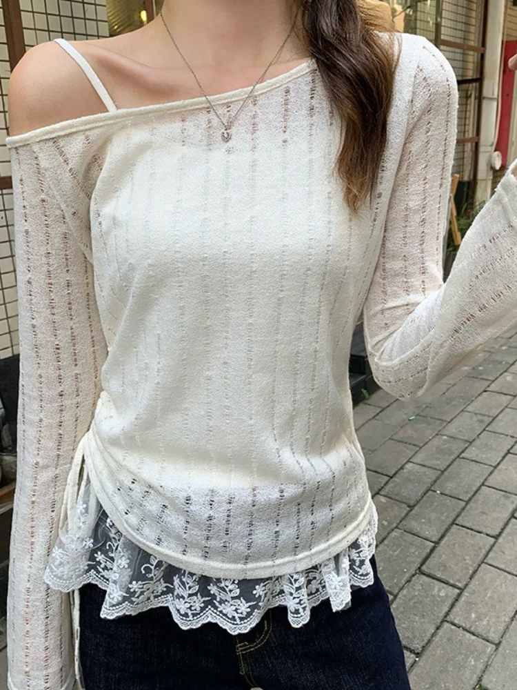 Koreanisches asymmetrisches T-Shirt mit diagonalem Kragen für Damen – Frühjahr 2026 – Modisches, dünnes T-Shirt mit Kordelzug, locker sitzend, vielseitig, mit Spitzenbesatz