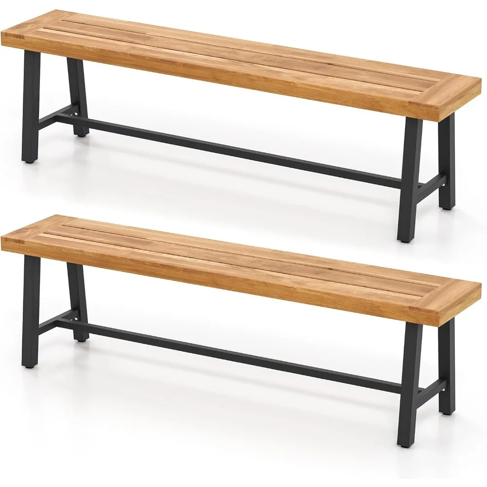 

63’’ Outdoor Bench Acacia Wood - 3-Person Backless Patio Benches with Heavy Duty Metal Frame, Wooden Picnic Dining Garden Bench