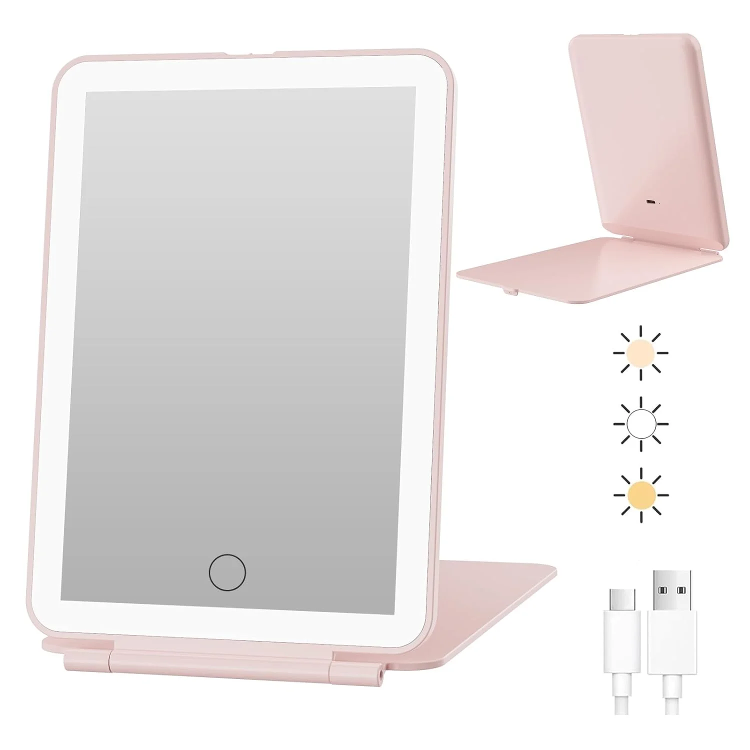 LED Foldable Travel Makeup Mirror 3 Colors Light Modes USB Rechargeable Touch Screen Portable Tabletop Cosmetic Mirror Handheld