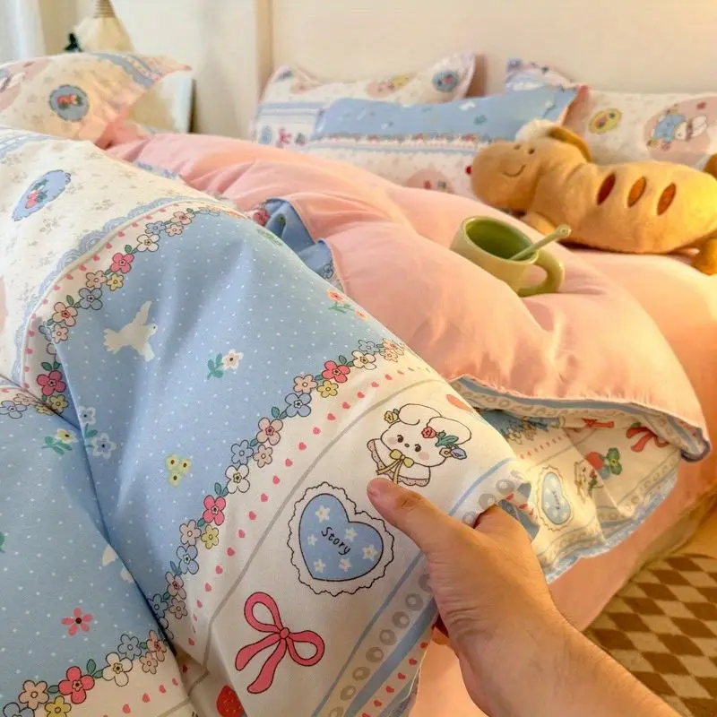 Cute Rabbit Bedding Set with Zipper No Filler Blue Pink Duvet Cover Flat Sheet Pillowcases Twin Queen Size Girl Boys Bed Linens