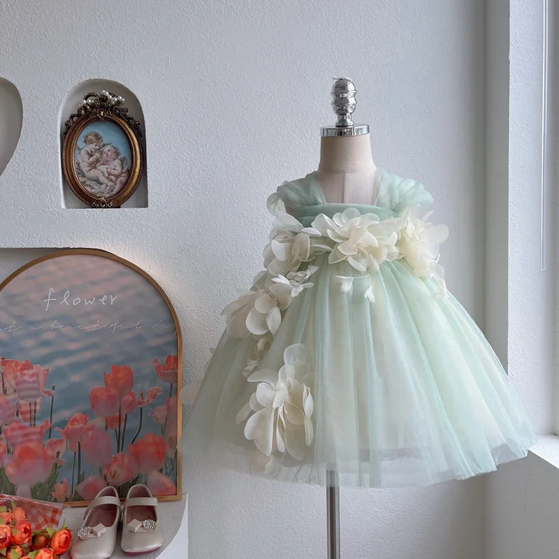 Girls Dress 2026 New Stylish Children Flower Fairy Princess Dress Summer Fluffy Mesh Dress Baby Summer Style