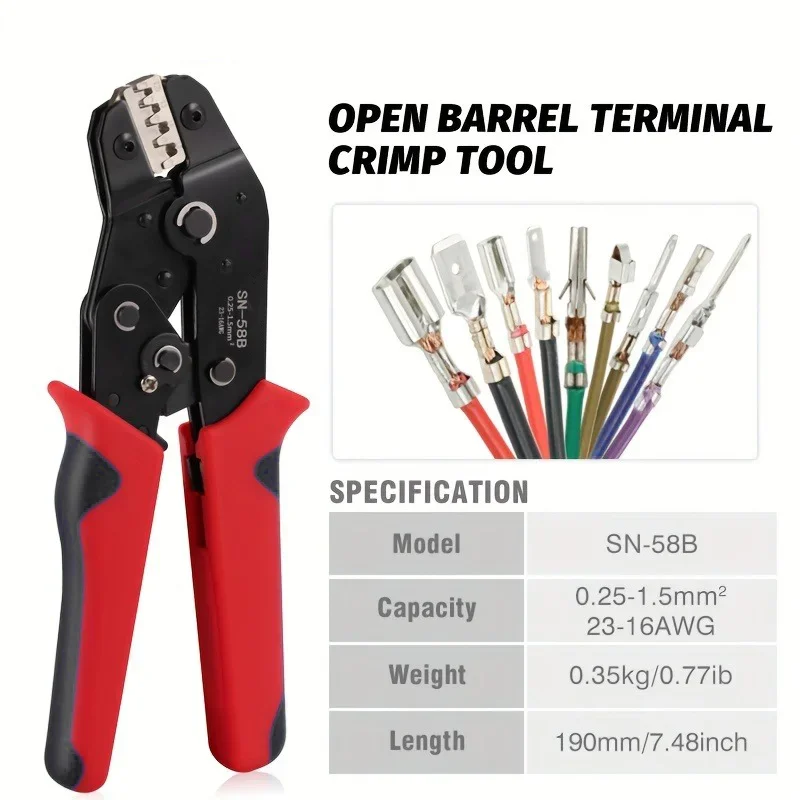 

Professional Ratcheting Crimping Tool: SN-58B Wire Ratchet Crimper Plier for Open Barrel Crimping and Wire Termination Projects