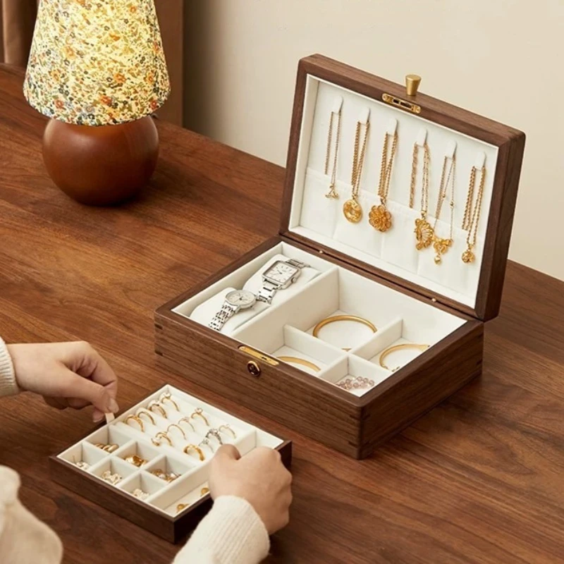 Solid Wood Jewelry Box Divided Jewelry Storage Boxes Multifunctional Earring Organizer Boxes with Lock Retro Ring Watch Boxes
