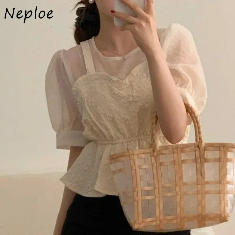 Neploe Early Spring Vintage Blusas Mujer De Moda 2024 O Neck Contrast Color Patchwork Blouses Fake Two Piece Puff Sleeve Shirts