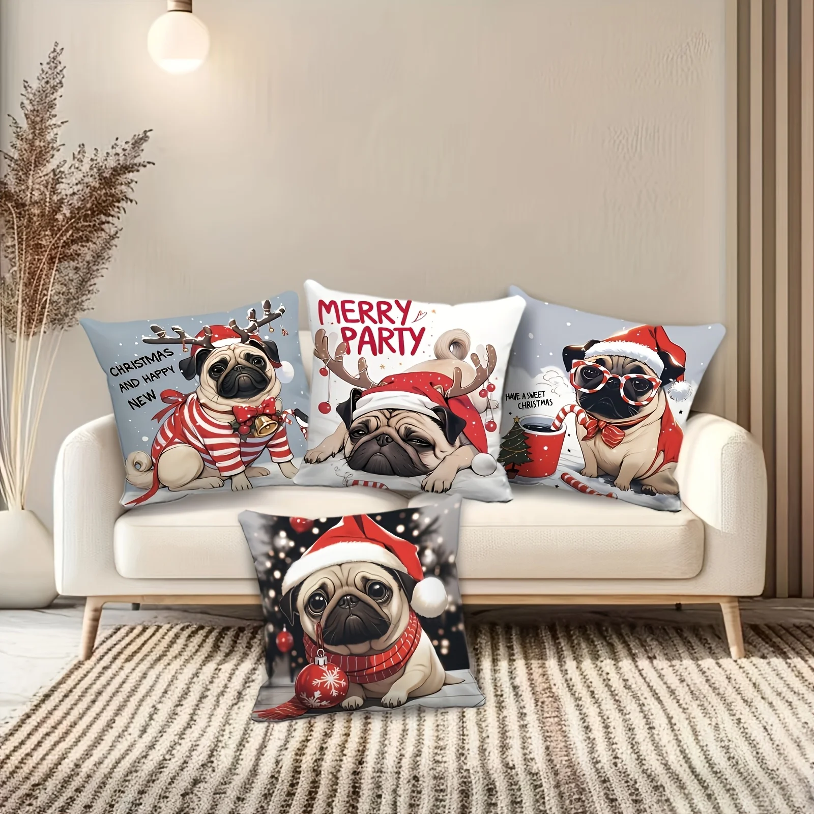 4Pcs Double‑Sided Christmas Pug Pillow Covers, Santa Hat Reindeer Horns Candy Cane Hot Drink Print, Zipper Cushion Cases
