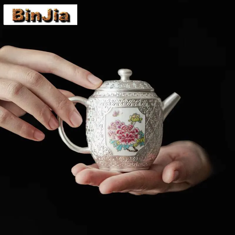 

160Ml Handamde 999 Sterling Sier Gilded Teapor Open Window Colorful Flower Tea Pot Household Making Kettle Kung Fu Teaset