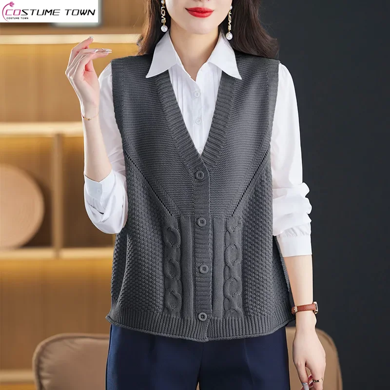 

2024 Autumn Sleeveless Vest Cardigan Sweater Women's Loose Large Knitted Tank Top Fashion Versatile Top