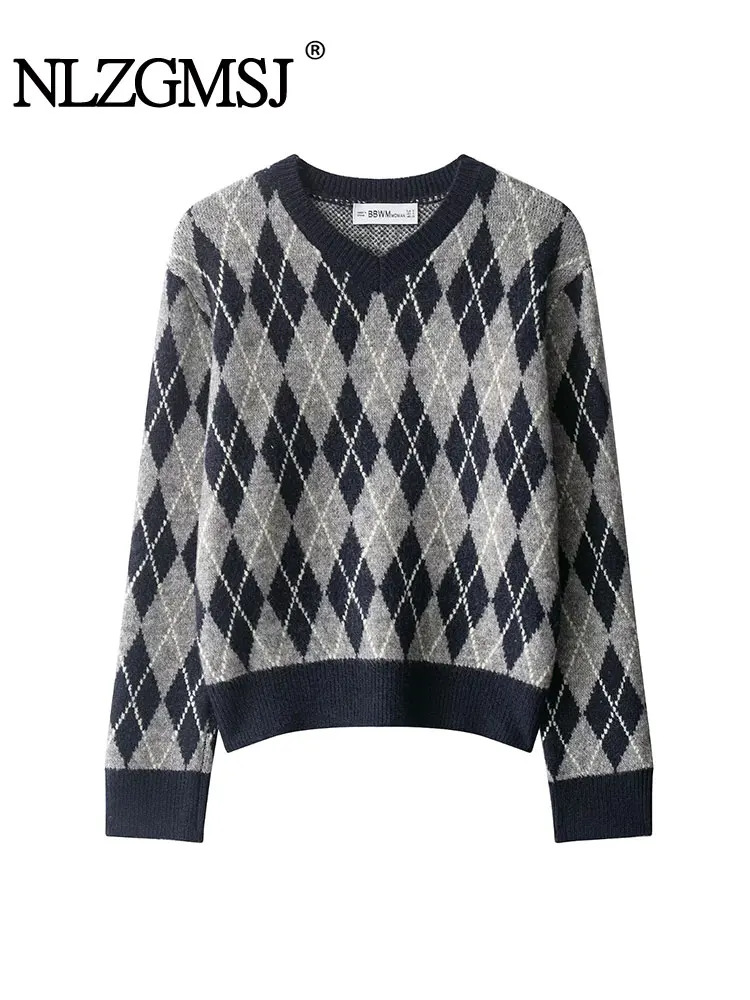 

NLZGMSJ женский осенний вязаный свитер 2025 года, смесь ромбовидной сетки, модный женский свободный трикотаж, пуловер, топ