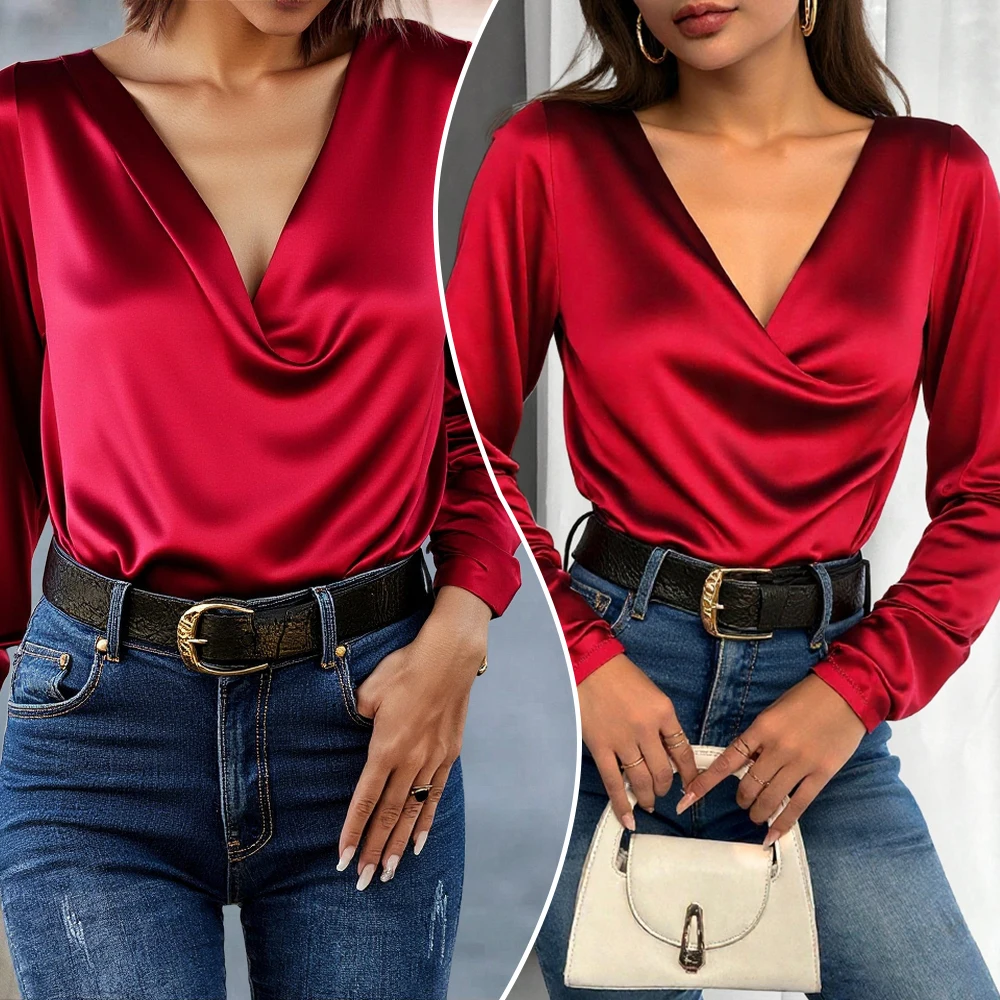 

2025 Autumn Formal Blouses Women's Elegant Burgundy Solid Color Long Sleeve Cowl Neck Slim Fit Office Wear Blouses