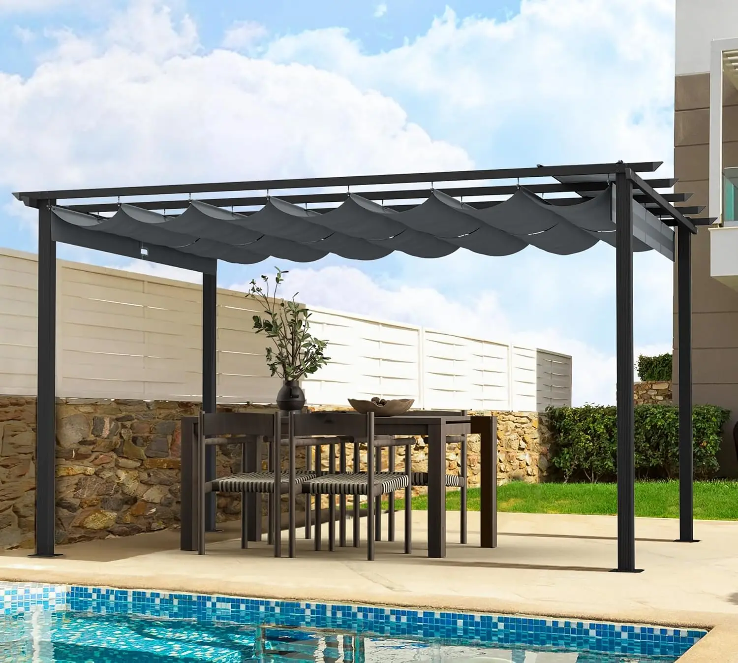 10' X 13' Retractable Pergola with Sun Shade Canopy, Patio Aluminum Frame Shelter for Backyards, Gardens, Porch, Includes Ground